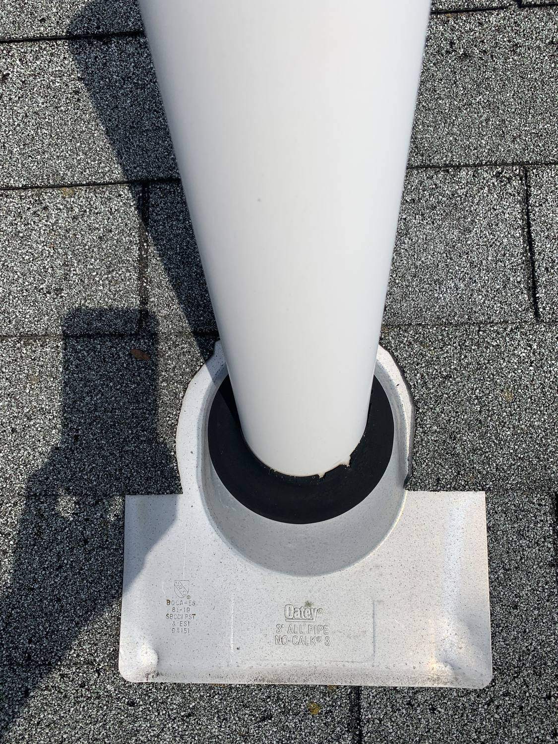 Roof plumbing vent pipe boot flashing inspected by David Deschaine Roofing in Maine